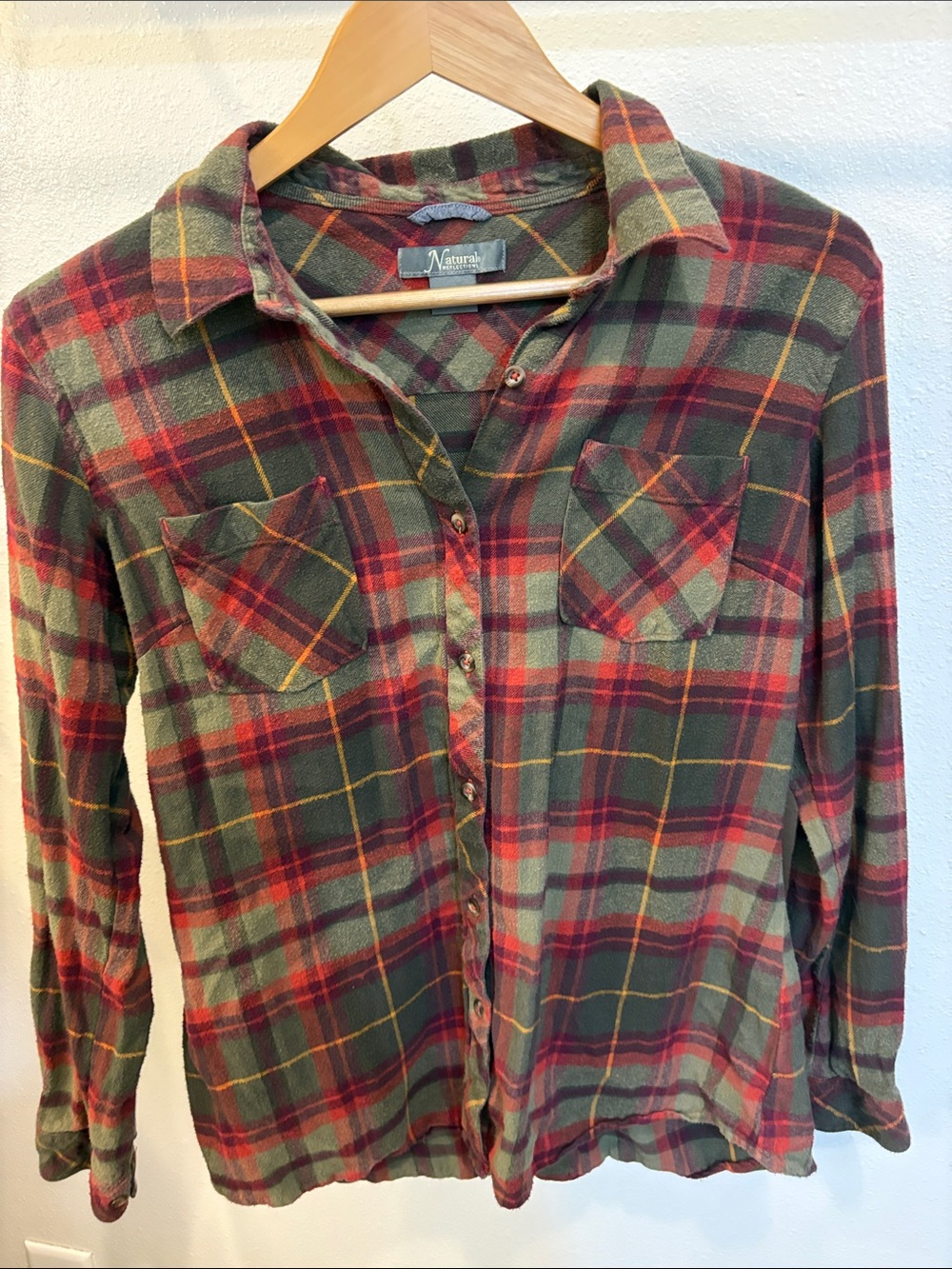Natural Reflections Fall Olive and Red Plaid Button-Down Shirt, (size large)